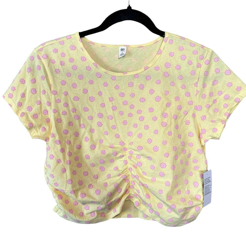 BP. Yellow Blouse Pink Floral Women's Ruched Short Sleeve New Cropped Top Large